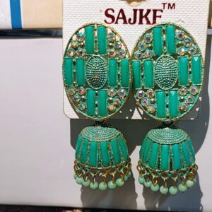 Teal Jhumka Earrings with Crystal Accents