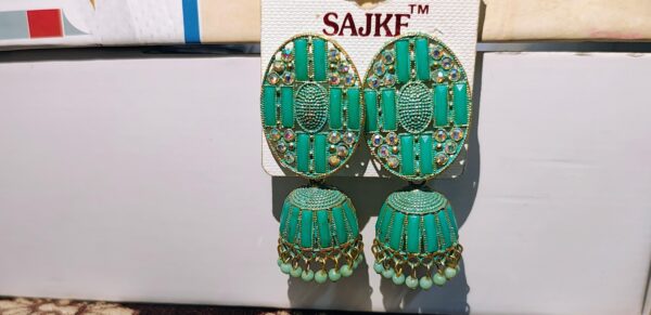 Teal Jhumka Earrings with Crystal Accents