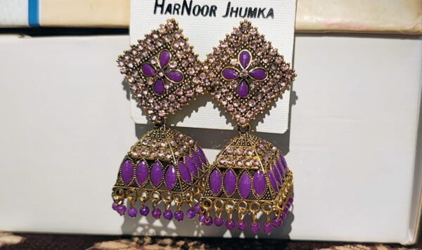 Purple Jhumka Earrings with Crystal Accents