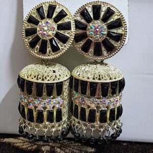 Black jhumka earrings with a floral design, adorned with sparkling rhinestones and golden accents.