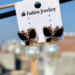 Black butterfly earrings with pearl accents.