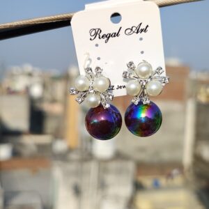 Stud earrings with an iridescent pearl and crystal accents.