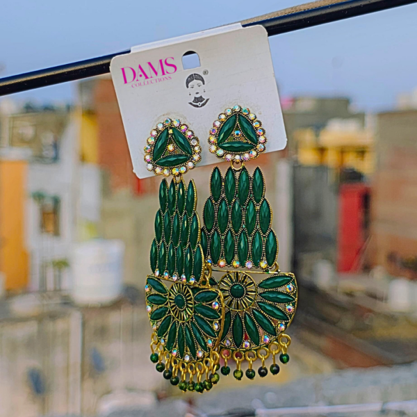 Royal green chandelier earrings with gold detailing and shimmering stones, perfect for weddings and festive occasions.