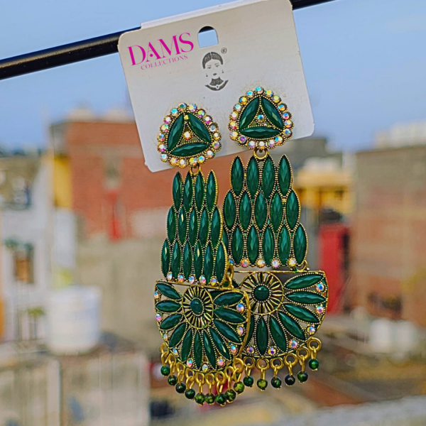 Royal green chandelier earrings with gold detailing and shimmering stones, perfect for weddings and festive occasions.