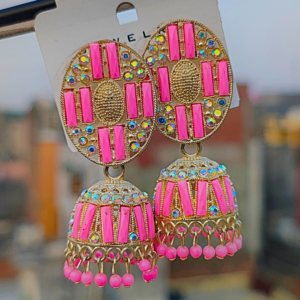 Elegant pink jhumka earrings with intricate detailing, sparkling embellishments, and a blend of traditional and modern design, displayed against a blurred outdoor background. Let me know if you want any tweaks!