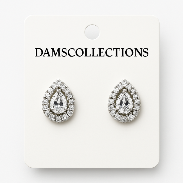 Pear-shaped stud earrings with a central crystal and a halo of smaller crystals