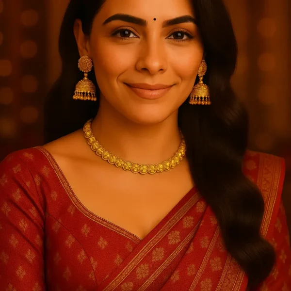 Model wearing elegant gold-plated choker necklace with ethnic outfit – DamsCollections