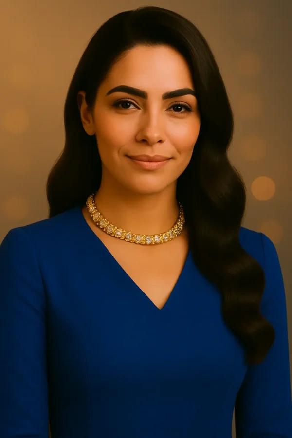 Layla Thakur, the signature model of Dams Collections, is seen wearing a stunning traditional outfit paired with a shimmering gold choker from the brand’s latest collection. With her graceful smile, soft waves, and iconic black bindi, she poses elegantly against a warm, festive backdrop — perfectly embodying the essence of Dams Collections.
