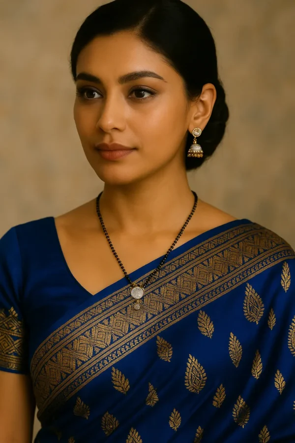 Woman wearing a traditional blue and gold saree paired with an artificial diamond mangalsutra and ethnic jhumka earrings, showcasing an elegant and timeless Indian look.