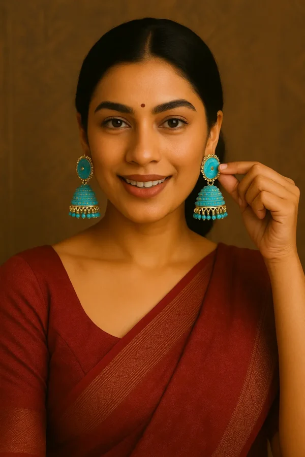 Elegant Indian woman in a maroon saree holding and wearing large turquoise and gold jhumka earrings with a traditional look.