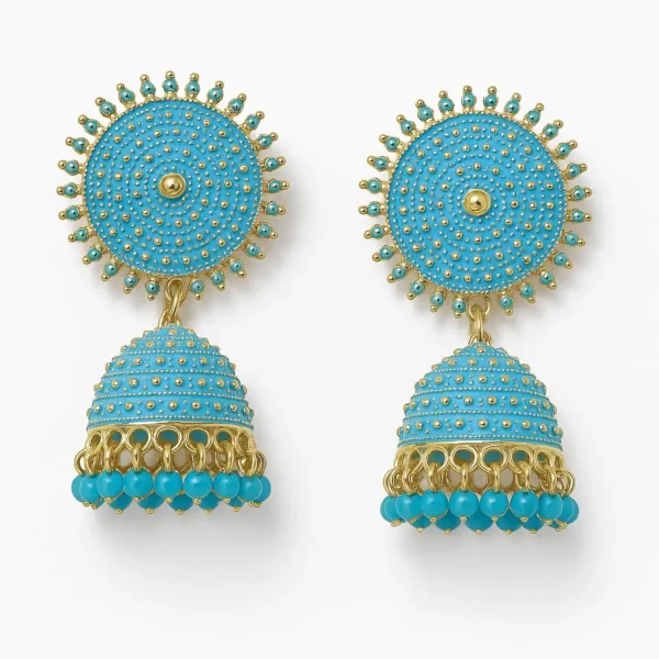 Blue and gold jhumka earrings with intricate details and bead drops — perfect for adding a stylish touch to any traditional or modern attire.