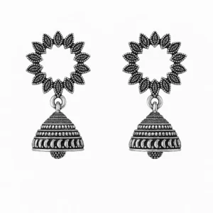 Floral oxidized jhumka earrings with intricate design white background by DamsCollections