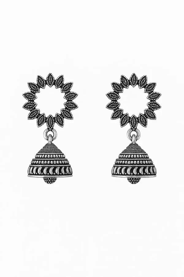 Floral oxidized jhumka earrings with intricate design white background by DamsCollections