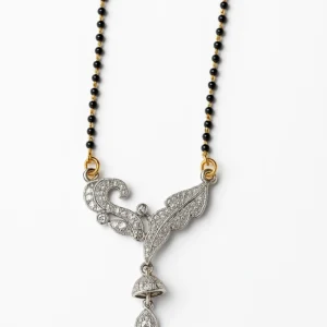 Leaf and jhumka design artificial mangalsutra displayed on a white background, showing a black and gold beaded chain with a detailed silver-toned pendant design for Dams Collections brand.