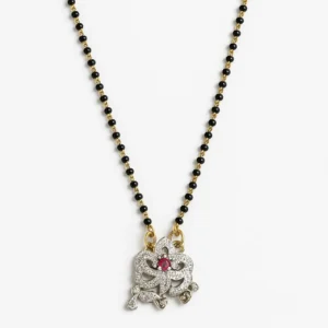 Floral pink stone mangalsutra with black and gold bead chain on white background.