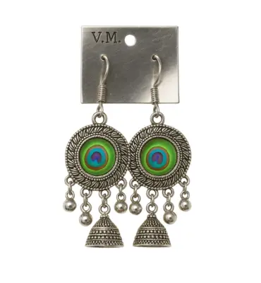 Peacock Feather Earrings with Oxidized Silver Finish