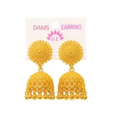 Gold-toned traditional jhumka earrings with intricate design and hanging beads